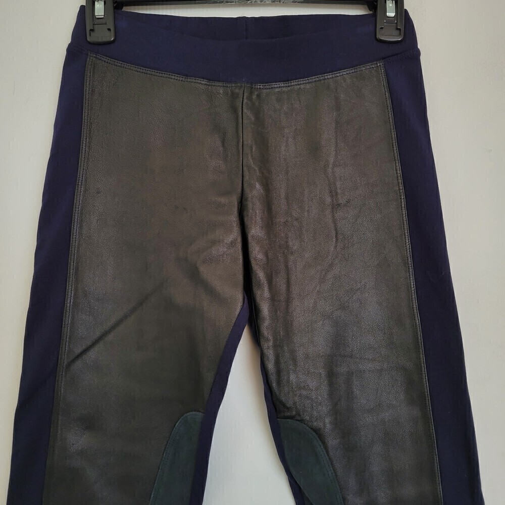 Sandro Velvet Blue Black Cuir Vachette Leather Panel Long Legging Pants Size 0 - Picture 5 of 13